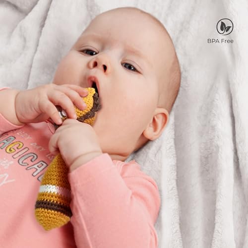 The MOON Brand Handcrafted Crochet Knitted Loop Rattle – Ultra-Soft Newborn Baby Plushie | Adorable Newborn knitted Prop, Plushie & Mini Toy | Safe, Non-Toxic, BPA-Free- Lion