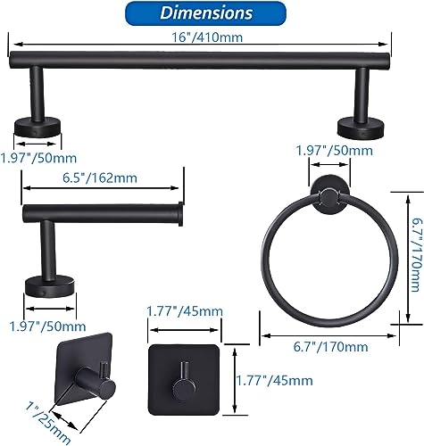 MIXDE 6 PCS Bathroom Hardware Set, MIXDE Stainless Steel Round Wall Mounted - Includes 16" Hand Towel Bar, Towel Ring,Toilet Paper Holder, 3 Robe Towel Hooks,Bathroom Accessories Kit(Matte Black)
