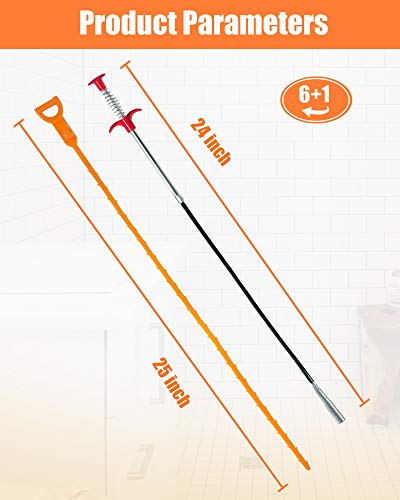 LONGGUI 25in & 24in Drain Clog Remover Tool (7pcs), Clears Hair Clogs in Sinks, Tubs & Toilets