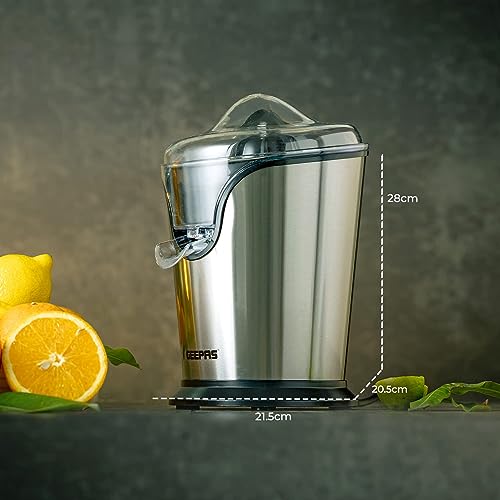 Geepas GCJ46013UK 100W Citrus Juicer Electric Orange Juicer | Professional Brushed Stainless Steel Fruit Juicer | Squeezes Oranges Lemons Lime Juices | Freshly Pressed Fruit Juices in Seconds