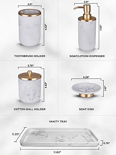 L'MKI Bathroom Soap Dispenser Set - Bathroom Toothbrush Holder Set, Marble, Gold, Farmhouse Bathroom Decor, 5 Piece Bathroom Accessories Set