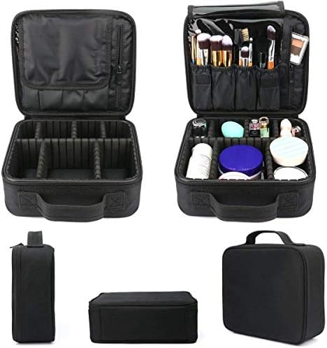 Travel Makeup Bag,Portable Travel Makeup Cosmetic Case Organizer Artist Storage Bag with Adjustable Dividers for Cosmetics Makeup Brushes Toiletry Jewelry Digital Accessories, Black, BK14-WAA-2