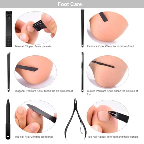 KASTWAVE Professional Pedicure Manicure Set, Stainless Steel Nail Care Tool with Cuticle Nail Cutter, Nail Scissors for Men and Women, Travel-Friendly with Exquisite Black Leather Box