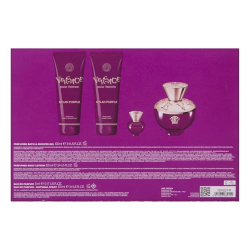 Versace Dylan Purple for Women - 4 Pc Gift Set: EDP Spray (3.4oz), EDP Mini Spray, Shower Gel, Body Lotion