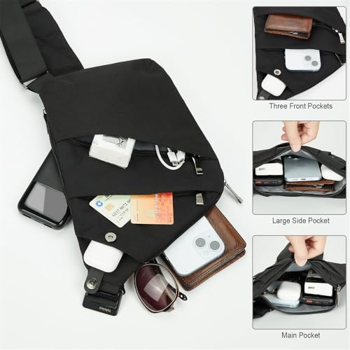 PINKE Anti-theft Chest Bag Men Women, Multi Pockets Slim Sling Bag Travel Crossbody Bag, Lightweight Shoulder Bag Personal Flex Bag for Work & Outdoor With Passport Card Holder