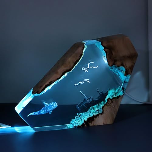 gernie Resin Diver and Humpback Whale LED Night Light, Large Handcrafted Wood Lamp for Home Decor, Desk Ornament