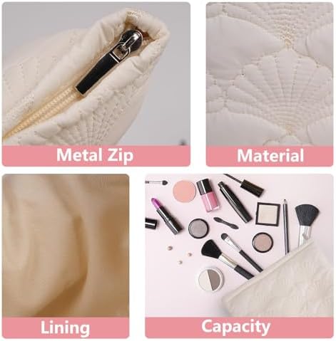 Quilted Cotton Makeup Pouch, Coquette Quilted Toiletry Bag for Women and Girls, Floral Coquette Organizer Bag, Aesthetic Travel Cosmetic Bags (White Shells Drawstring)