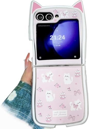 Cat Ears Case for Galaxy Z Flip 6, Azonee Kawaii Cute Cartoon TPU Cover, Soft & Creative Kitty Design, Pink Girly Fun Case for Girl