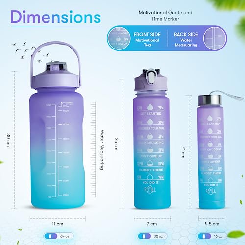BPA 3 Pack Sport Healthy Water Bottle 2L+900ml+500ml Motivational Time Marker,Straw,Phone Holder, Plastic, Adults Kids Fitness Office Gym Home Outdoor School Exercise Protein shake Leak Proof (Blue)
