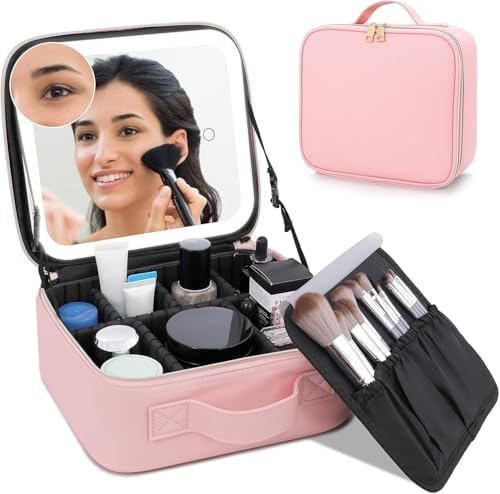 MOMENT Makeup bag with LED mirror, Travel Makeup Bag 3 Adjustable Brightness LED makeup bag with mirror and Dividers suitable for your Jewelry, Essential oil,Toiletries storage and makeup daily Pink