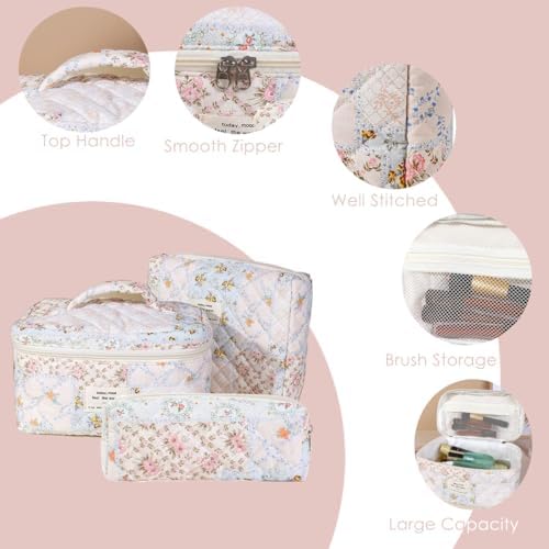 xiaochen 3PCS Makeup Bag Set,Cotton Quilted Makeup Bag,Floral Large Travel Cosmetic Bag,Flower Travel Toiletry Bag, Cute Aesthetic Toiletry Bag for Women Girls