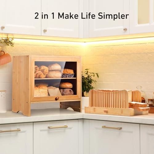 Bamboo Bread Box with Bread Slicer, Corner Bread Box for Kitchen Countertop, Bread Box for Homemade Bread with Window, Bamboo Bread Box for Kitchen Countertop, Pantry Counter Corner