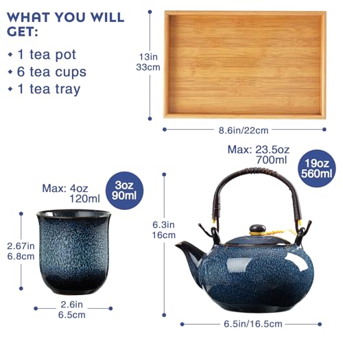 DUJUST Japanese Tea Set for 6, Kiln Altered Glaze Porcelain Tea Set with 1 Teapot, 6 Tea Cups & 1 Tea Tray, Unique Chinese Tea Sets for Adults/Tea Lovers/Women/Men, Blue