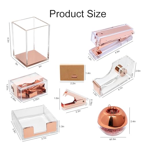 THE WHITE SHOP Acrylic Stapler, Rose Gold Desk Accessories, Office Supplies Set Acrylic Stapler, Set Staple Remover, Tape Holder, Pen Holder