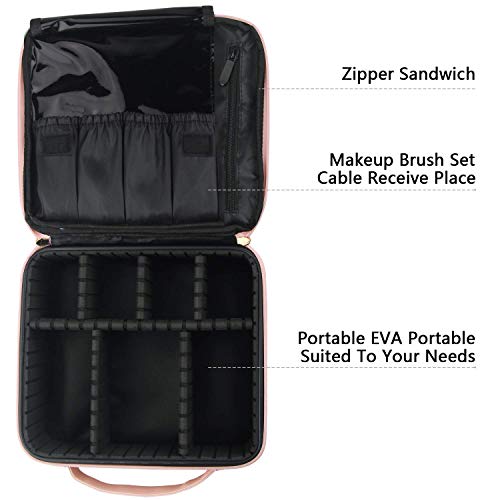 AMERTEER Travel Makeup Case - Portable Travel Makeup Cosmetic Case Organizer Artist Storage Bag With Adjustable Dividers For Cosmetics Makeup Brushes Toiletry Jewelry Digital Accessories (PINK)