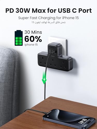 UGREEN 6-in-1 Power Strip Surge Protector Extension Plug Multiple 3 AC Outlet Sockets, USB C Fast Charger 3 USB Ports, Triple UK Plug Extender Type C Charging Station for Kitchen, Home Office