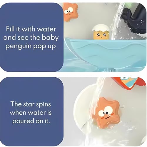 Twisoo Animal Bath Toy Set for Babies – Penguin Waterfall Bathtub Toys with Spinners & Sea Animals, Wall Water Shower Toy for Toddlers, Fun Bath Time Play, 3M+ (Blue)