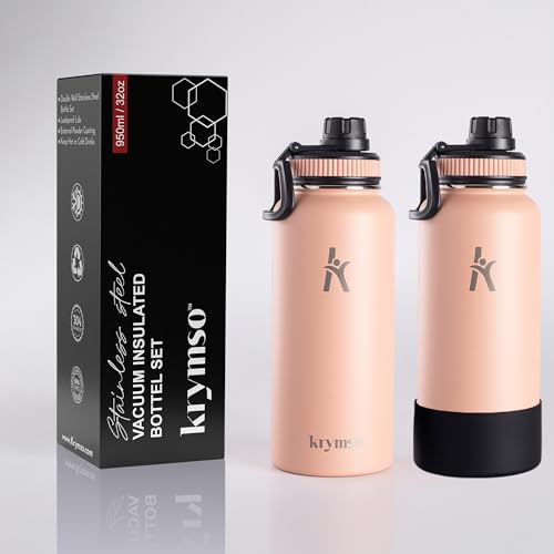 KRYMSO, 950ml Stainless Steel Water Bottle, Sports bottle with Straw, Spout Lid, Protective Boot, Insulated Water Bottle, Thermos Flask, Hot Water bottle for kids (Peach Pink, 950ml / 32oz)