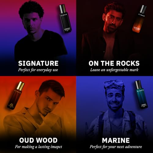 DJOKR Perfume Gift Set for Men Pack of 4x20 ML | Eau De Parfum | Premium Luxury Long Lasting Fragrance Spray | Signature, On The Rocks, Oud Wood, Marine (4x20 ml)