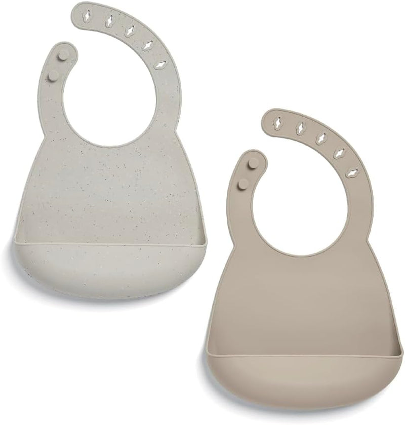 Mamas & Papas 2-Pack Waterproof Silicone Baby Bibs, Adjustable BPA-Free Feeding Bibs with Large Pocket for Food Catching, Ideal for Weaning for 6-18 Months - Neutral Speckle