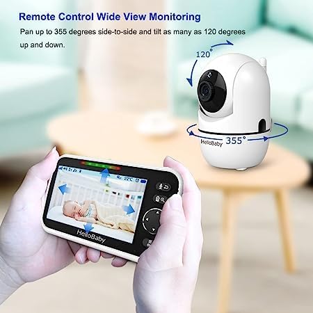 HelloBaby Upgrade Monitor, 5''Sreen with 30-Hour Battery, Pan-Tilt-Zoom Video Baby Monitor with Camera and Audio, Night Vision, VOX, 2-Way Talk, 8 Lullabies and 1000ft Range No WiFi, Ideal Gifts