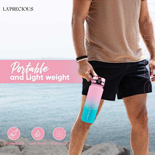 LA' PRECIOUS Water Bottle for Adults,1 liter-USA Tritan Material, Non-Toxic BPA Free, Fast Flow, Flip Top Leak Proof Lid. (Pink/Green)