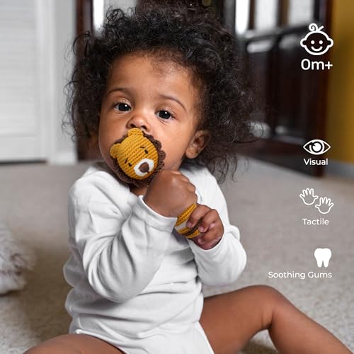The MOON Brand Handcrafted Crochet Knitted Loop Rattle – Ultra-Soft Newborn Baby Plushie | Adorable Newborn knitted Prop, Plushie & Mini Toy | Safe, Non-Toxic, BPA-Free- Lion