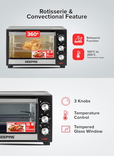Geepas Electric Oven With Rotisserie 25L,1600W GO34040| Perfect for Baking, Roasting & Grilling - Accessories Included – 2 Years Warranty