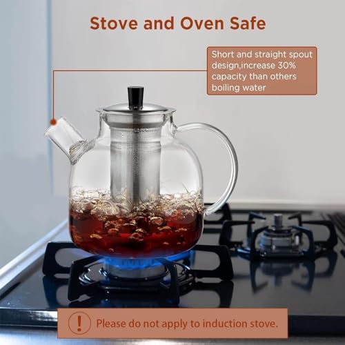 1500ML Glass Teapot with Removable Stainless Steel Infuser Strainer, 52oz Tea Kettle,Stovetop Safe Large Tea Pot, Blooming and Loose Leaf Hand Crafted Kettle for Adult Stainless Infuser