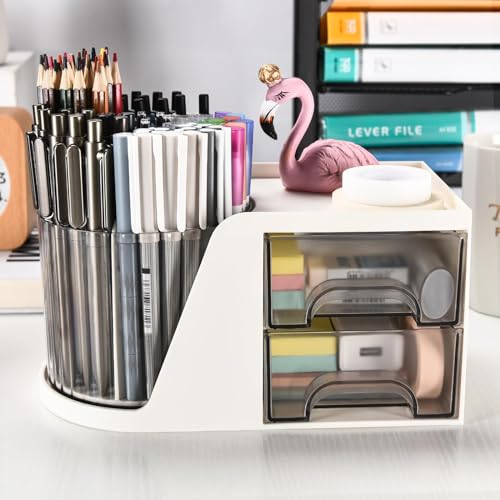 Excefore Modern Chic Desk Organizer with 2 Drawer, 360° Rotating Pencil Pen Holder, 5 Compartments + Drawer for Office Home Art Supplies, White