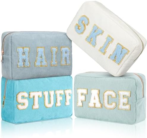 Pinkunn 4 Pcs Preppy Makeup Bags Christmas Chenille Letter Bag Face Skin Hair Stuff Cosmetic Bag Corduroy Makeup Pouch with Zipper Birthday Gifts for Women(Purple, Pink, White, Blue,Corduroy)