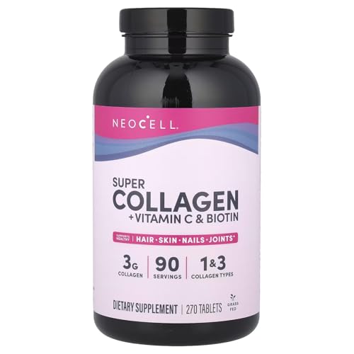 NeoCell Super Collagen Peptides + Vitamin C & Biotin, 3g Collagen Per Serving, Gluten Free, Promotes Healthy Hair, Beautiful Skin, and Nail Support, Dietary Supplement, 270 Tablets