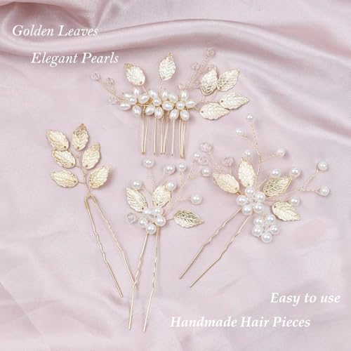 4 Pieces Bridal Wedding Hair Pins, Gold Leaf Hair Pins, Crystal Pearl Flower Hair Forks Vintage Bridal Hair Accessories Wedding Hair Clips Headpiece for Brides Bridesmaids Flower Women and Girls