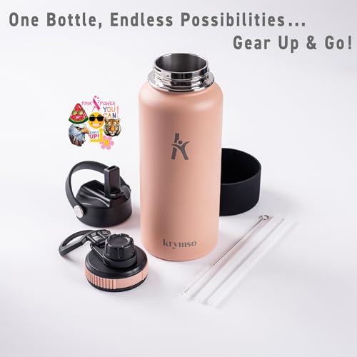 KRYMSO, 950ml Stainless Steel Water Bottle, Sports bottle with Straw, Spout Lid, Protective Boot, Insulated Water Bottle, Thermos Flask, Hot Water bottle for kids (Peach Pink, 950ml / 32oz)