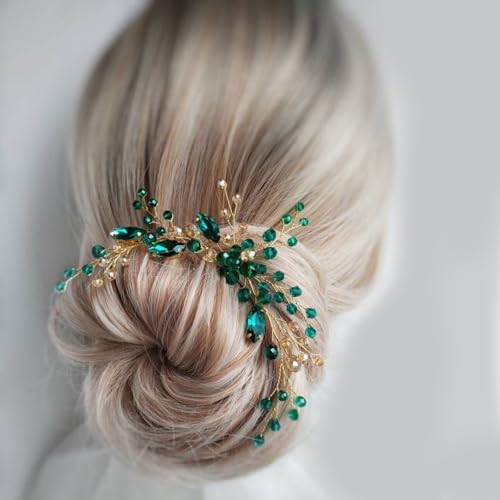 Ling & Bai Wedding Hair Comb, Bridal Emerald Green Crystal Side Headpieces Gold Rhinestone Hair Accessories for Women Bridesmaid Girls (Green)