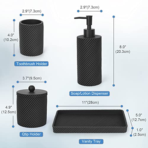 LeucSuiok Bathroom Accessories Set 4Pcs-Lotion Soap Dispenser,Toothbrush Holder,Qtip Holder Dispenser,Vanity Tray for Decor Bathroom Countertop,Vanity Organizer-Matte Black