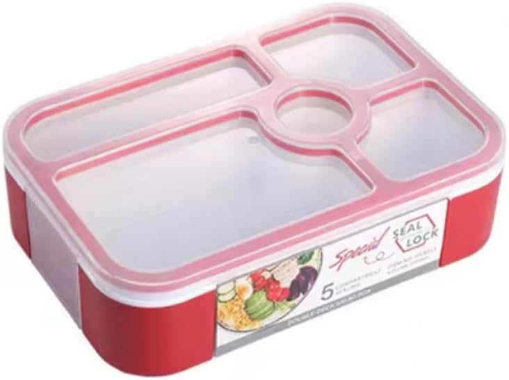 Bento Lunch Box -Leakproof, BPA-Free, Airtight Tiffin with Spoon & Fork- 5 Compartments, 1100ml, Microwave Safe Bento Box For Kids & Adults - Ideal for School & Office (Red)