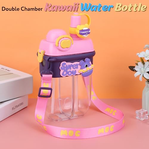 HiGropcore Kawaii Water Bottle with Straw, Double Chamber Cute Water Bottle with Adjustable Strap, Portable Leakproof Water Jug, 27oz b3. Blue