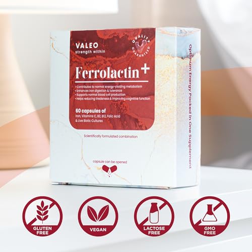 Valeo Ferrolactin+ | Iron with Vitamin C, B2, B12, Folic Acid and Live Cultures - 60 capsules