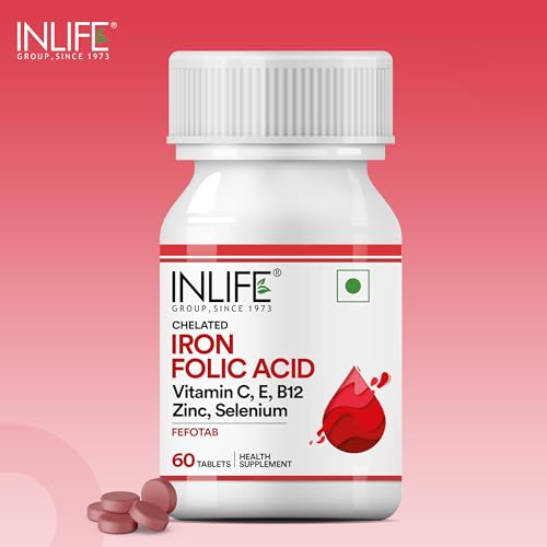 INLIFE Chelated Iron Folic Acid Supplement with Vitamin C, E, B12, Zinc & Selenium for Men Women - 60 Tablets (Pack of 1)
