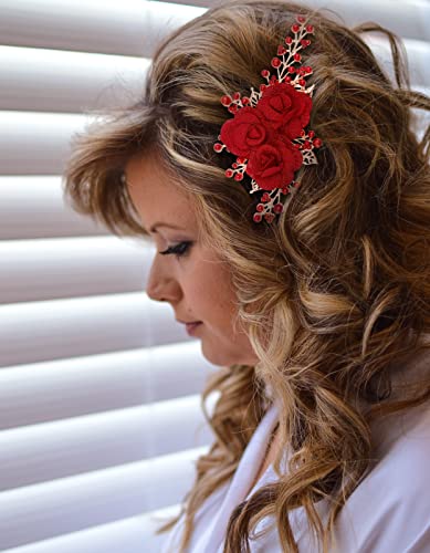 2 Pcs Red Hair Accessories, Gold Rose Bridal Side Combs Floral Rhinestone Pearl Vintage Decorative Crystal Emerald Headpiece Wedding Sparkly Accessory for Women