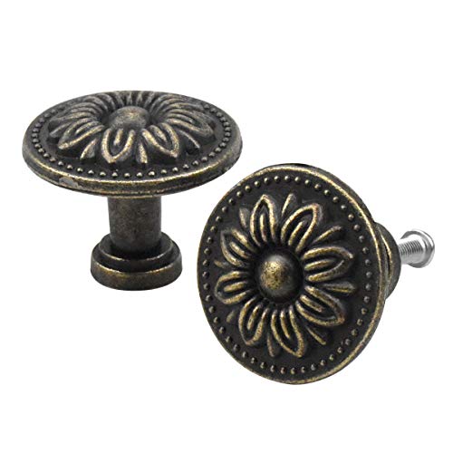 NATUCE 10PCS Antique Bronzy Flower Round Cabinet Knob, 32MM Vintage Drawer Knob, Kitchen Cabinet Cupboard Door Drawer Pull Knob, Retro Bronze Drawer Pull Handle, Hardware Knobs for Drawer Wardrobe