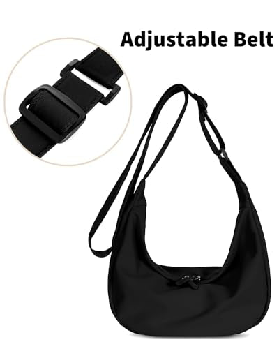 WVHTHVW Small Sling Crossbody Bag for Women Men, Mini Crescent Bag with Adjustable Strap, 2 Zippers Lightweight Nylon Shoulder Bag (Black)