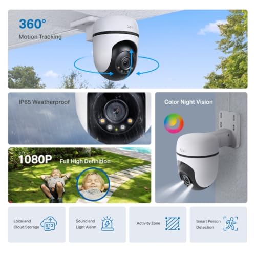 Tapo TP-Link 1080p Full HD Outdoor Pan/Tilt Security Wi-Fi Camera, 360° Motion Detection, IP65 Weatherproof, Night Vision, Cloud &SD Card Storage, Works with Alexa&Google Home ( C500) White
