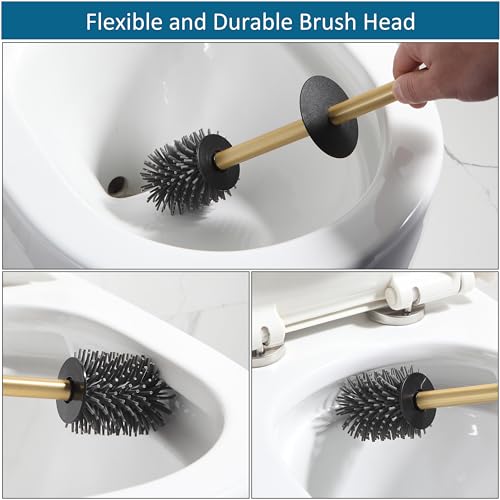 bgl Toilet Brush and Holder, Silicone Toilet Brush Holder, 2 Brush Heads, Aluminium Square Toilet Brush for Bathroom Cleaning, Toilet Brushes (Gold)