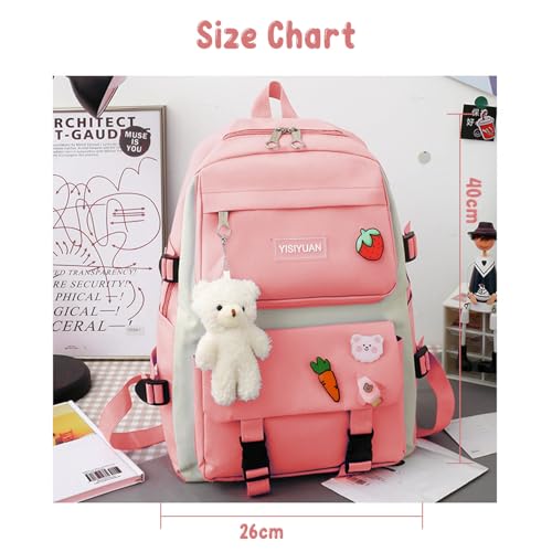 STAYOUNG 5 PCS Backpack for Kids with Cute Bear Accessories - Accessories Aesthetic Rucksack for Teen School Bookbag, Shoulder Bag, Handbag, Pen Pouch & More(Pink)