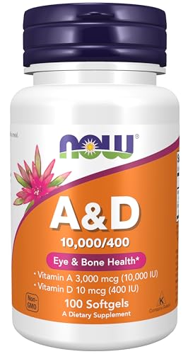 Now Foods Vitamin A & D - 10,000 & 400 IU 100 Softgels |Vitamin A 3,000 mcg (10,000 IU) | Vitamin D 10 mcg (400 IU) | Eye Health | Bone Health | Essential Nutrition