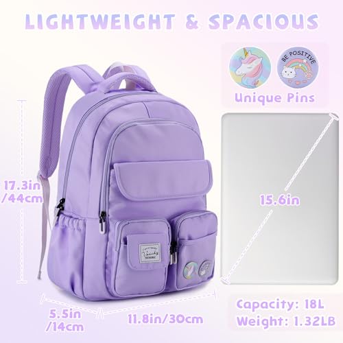 School Bags for Girls,VASCHY Cute Kids Backpack for Elementary Middle Schooler Teen Girls/Kids Travel with Clear Pin Pouch