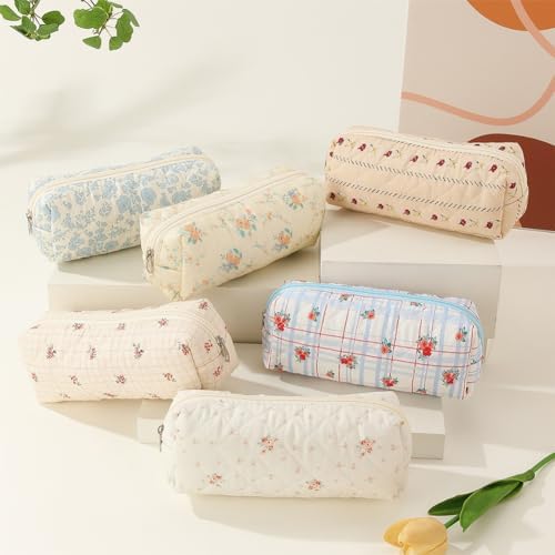 Lushandy 3 Pcs Quilted Floral Makeup Bag Set Cute Cosmetic Bag Coquette Aesthetic Makeup Bag Large Travel Makeup Organizer Toiletry Bag