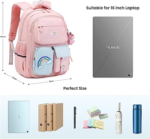 Azonee Backpack for Girls, Wide Open Elementary Primary Middle School Bags with Many Compartments, Safety Reflective Strip, Waterproof, Large Capacity, for Kids, Teens, Pink